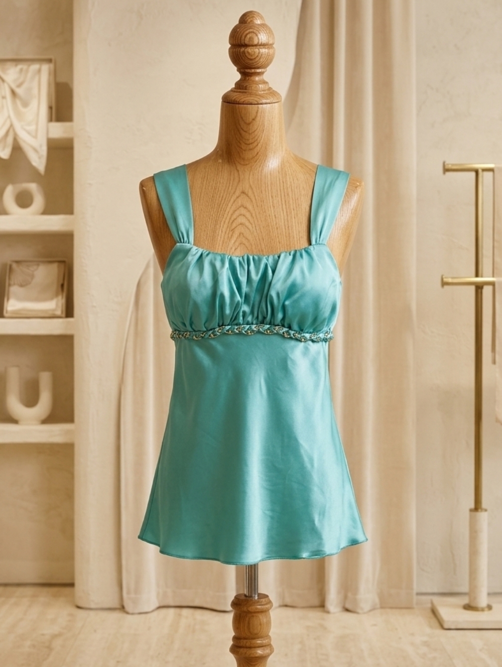 BCX Small Pastel Green Satin Sleeveless Top Gold Braided Detail